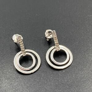 Designer Sterling Silver Pave White Sapphire Double Hoop Pierced‎ Earrings